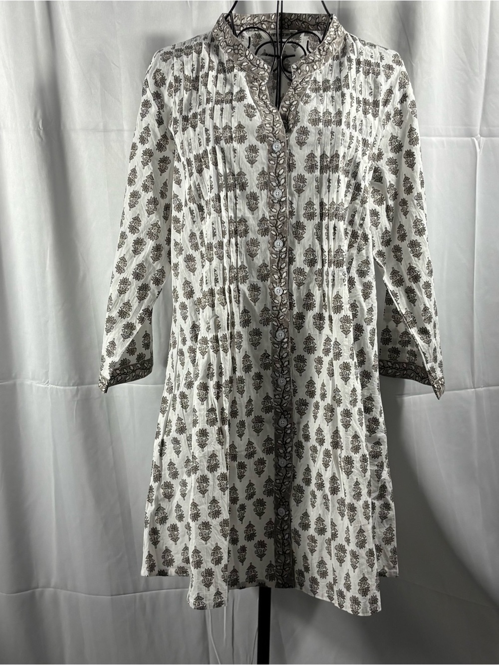 White Midi Dress with Brown Floral Print and Button Front